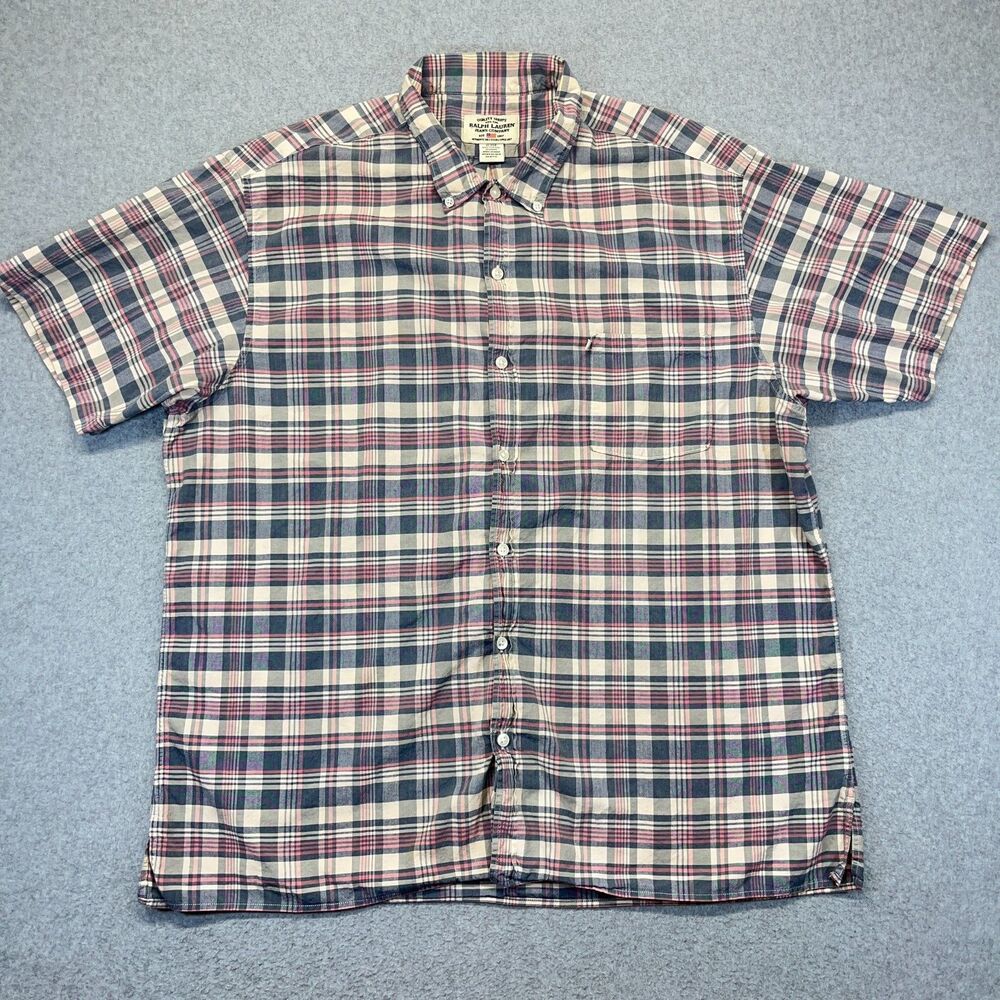 Ralph Lauren Button Down Shirt Men’s XL Tan Coral Plaid Short Sleeve Pocket